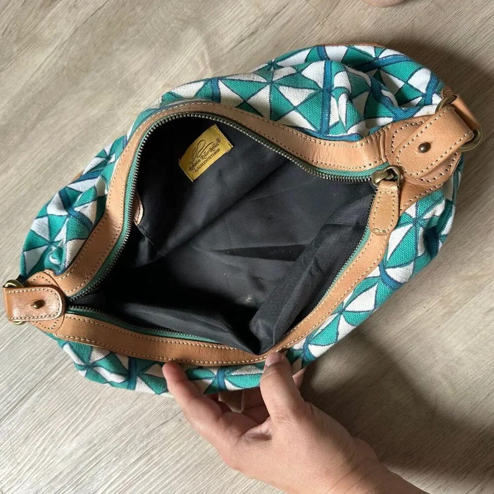 Roberta Roller Rabbit Travel Toiletry Bag Canvas Geometric Print Leather Trim